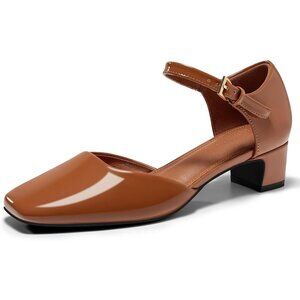 Women's Chunky Brown Heels Ankle Strap Square Toe Dress Pumps Work Party Shoes